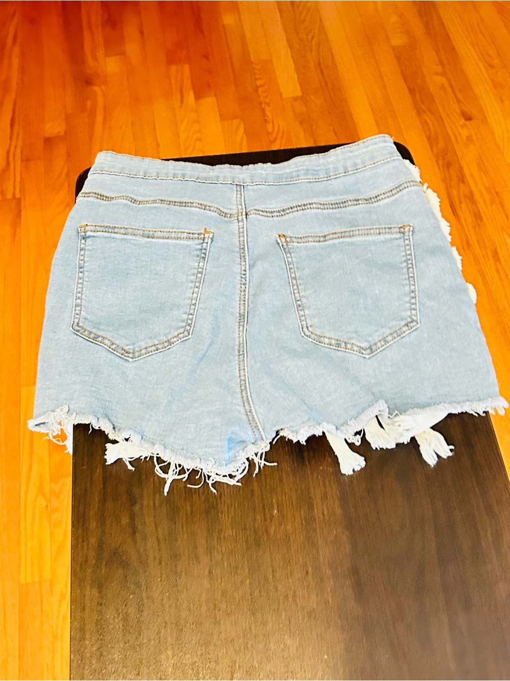 Hot & Delicious Light Blue Denim Fringe Shorts with White Straps - Picture 2 of 2